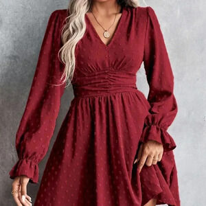 burgundy Boho Women's Swiss Dot Ruched Waist Flounce Sleeve Dress